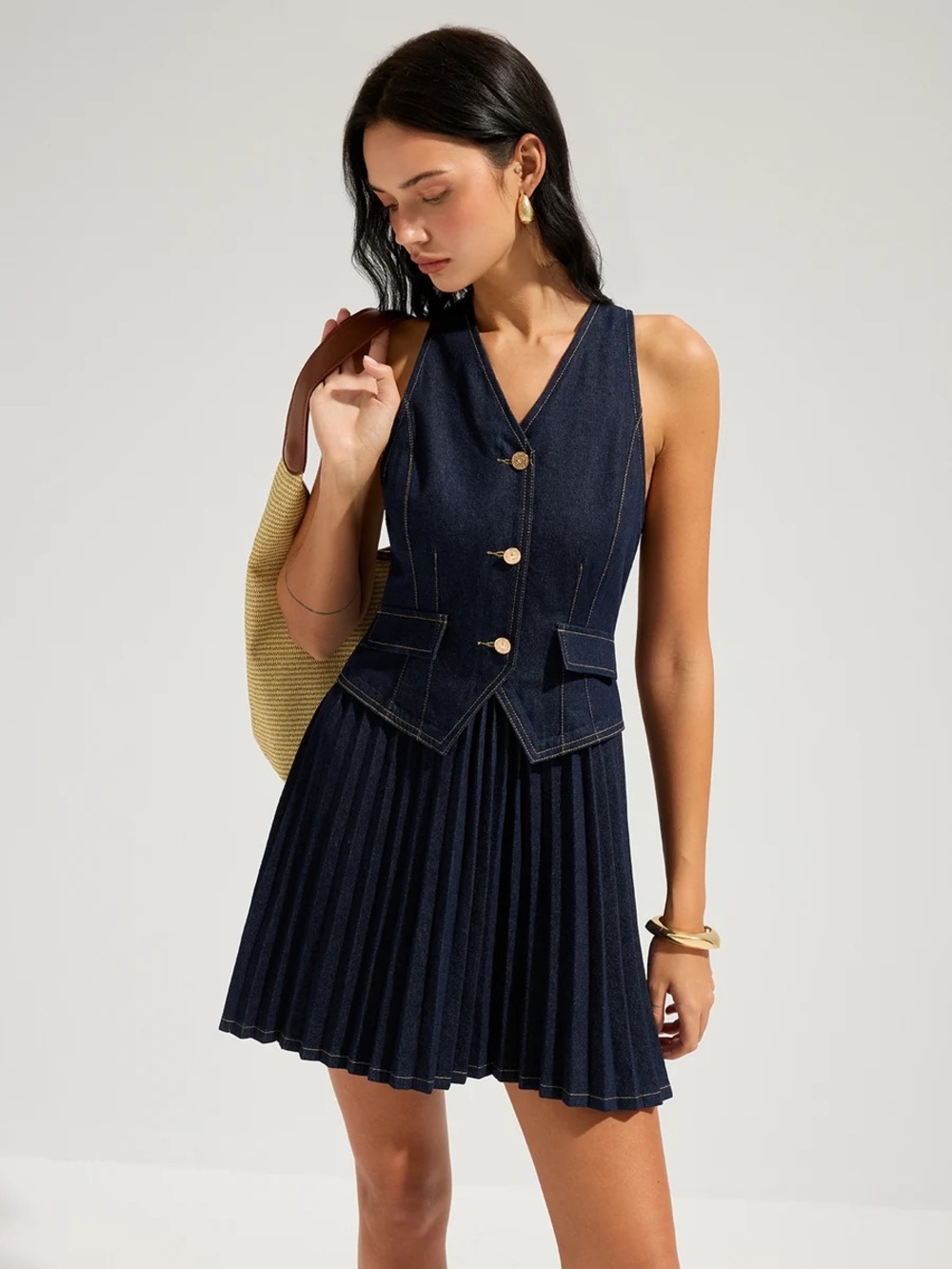 Commense Denim Sleeveless Pleated Mini Dress - Picture 6 of 16